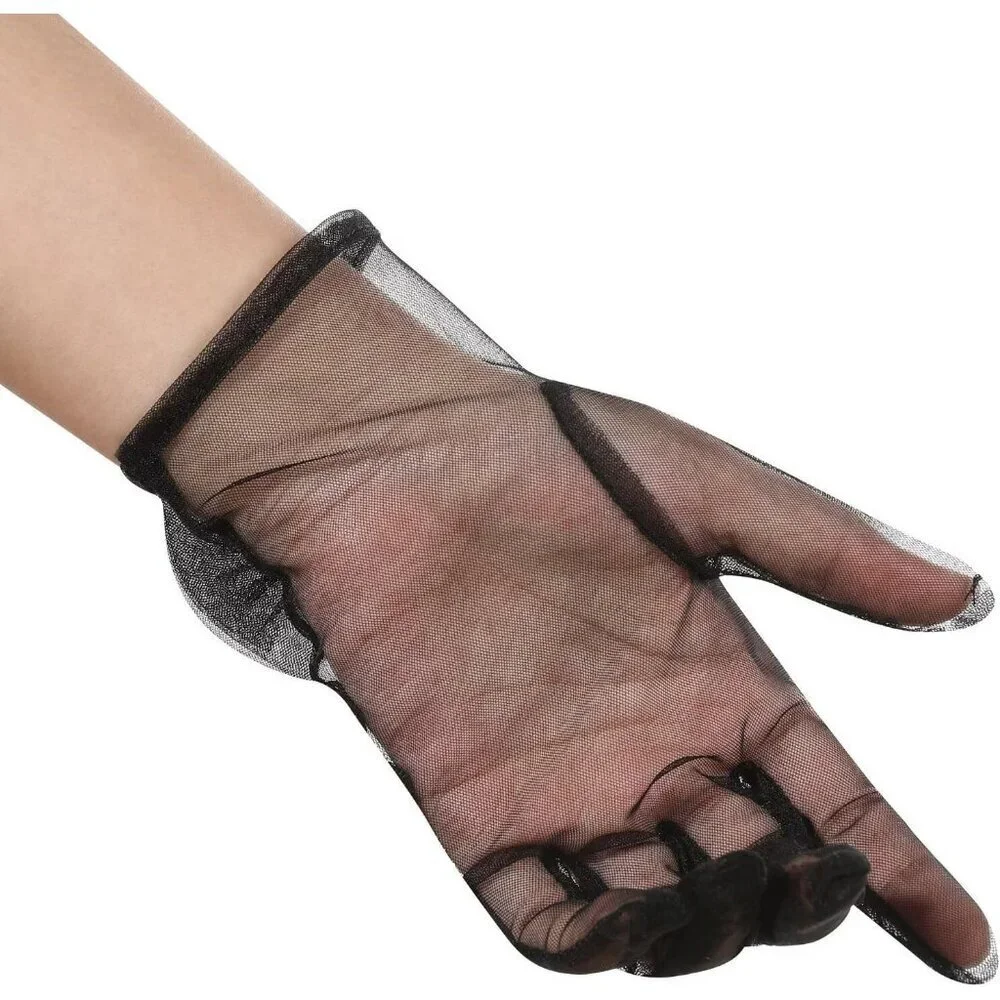Women's Bow Navy Evening Sheer Tulle Short Length Gloves Wrist Tea Party Prom